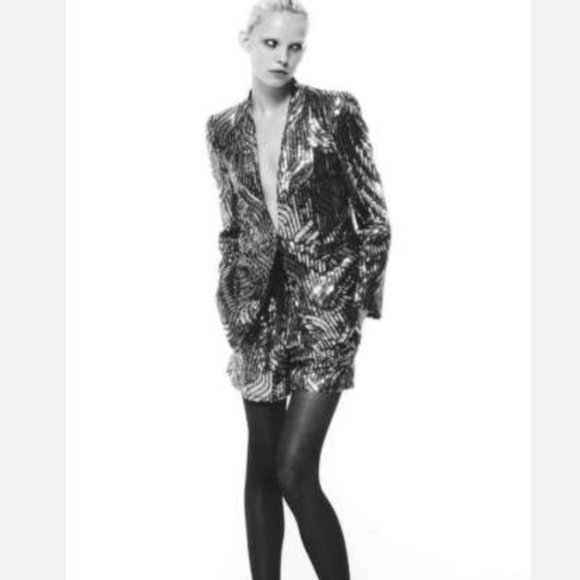 NWT ZARA SILVER LAPELLESS SEQUIN BLAZER JACKET COAT SIZE L M 9355/657 Evening - Picture 5 of 9